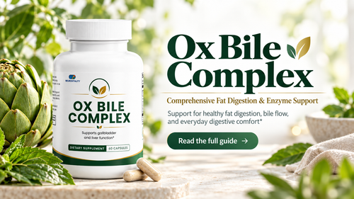 Ox Bile Complex by Neurovitality, 60 capsules, comprehensive fat digestion and enzyme support, shown with artichoke and fresh herbs
