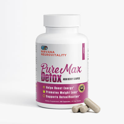Supplement bottle labeled 'Pure Max Detox' by Nirvana Neurovitality on a white background