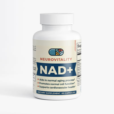 NeuroVitality NAD+ 500mg supplement bottle with Quercetin and Resveratrol