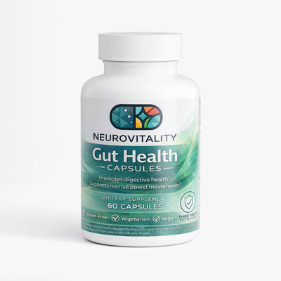 NeuroVitality Gut Health supplement bottle - probiotics prebiotics and digestive enzymes - 60 capsules