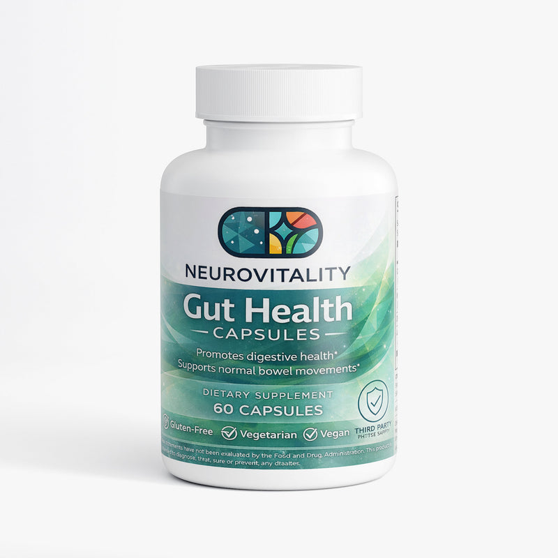 NeuroVitality Gut Health supplement bottle - probiotics prebiotics and digestive enzymes - 60 capsules