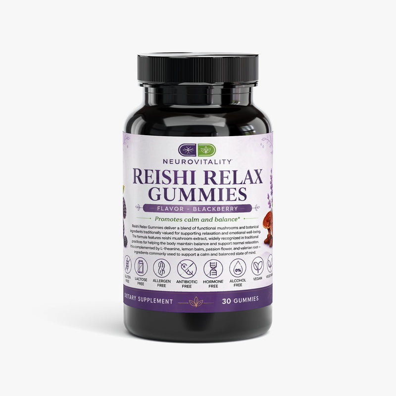 Reishi Relax Gummies front label — Sleep & Calm Support — Nirvana Neurovitality