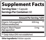 Ashwagandha supplement bottle showing ingredients and directions