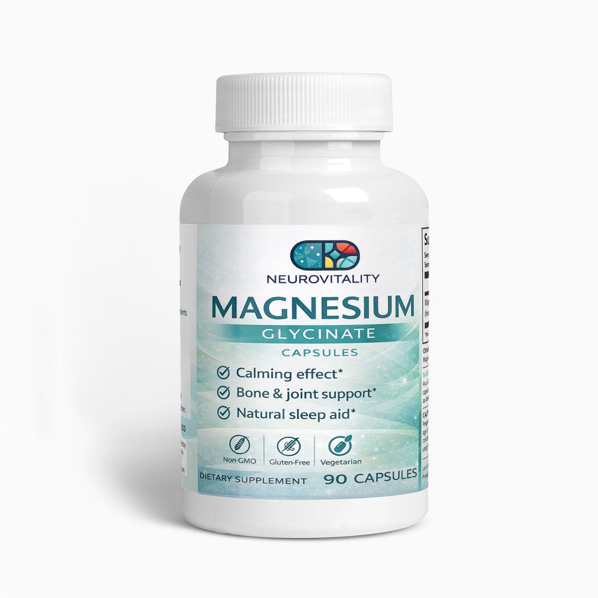 Bottle of Neurovitality Magnesium Glycinate capsules on a white background