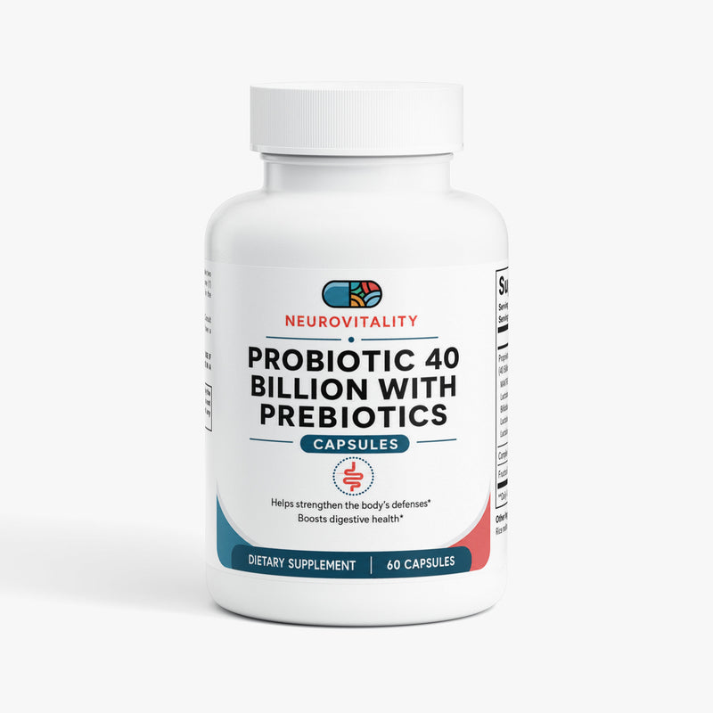 Probiotic 40 Billion CFU with Prebiotics supplement, 60 vegetable capsules, Neurovitality digestive and gut health support