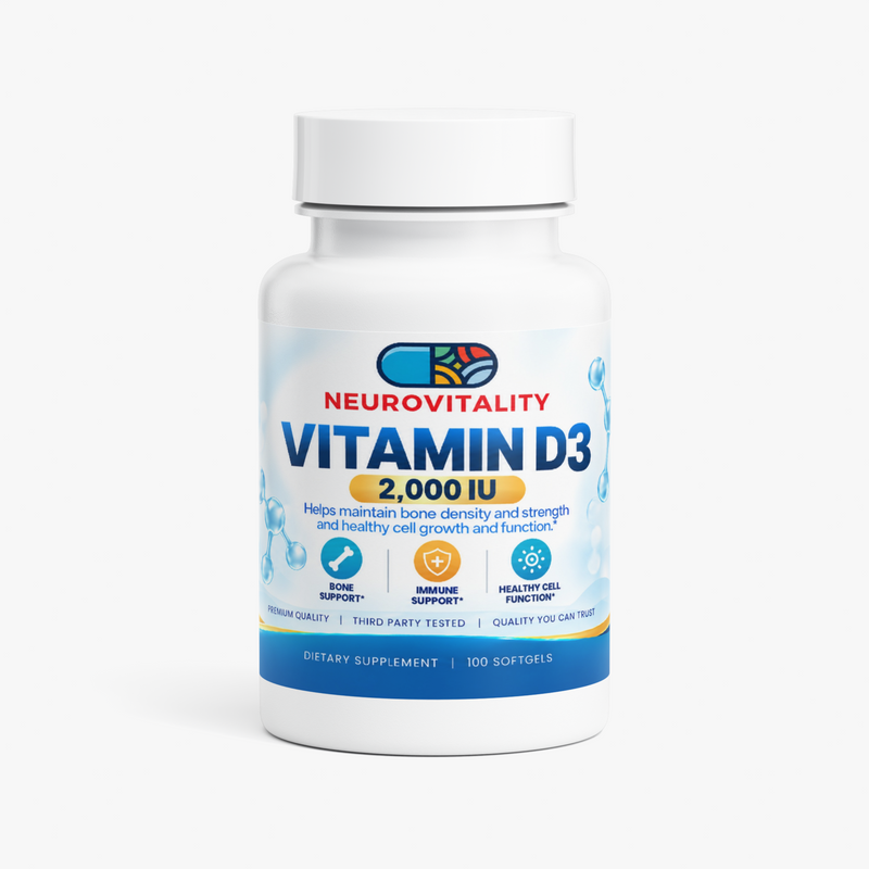Vitamin D3 2,000 IU softgels by Nirvana Neurovitality — 50 mcg cholecalciferol for bone, immune and muscle support, 100 softgels