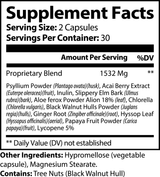 Supplement Facts panel for Max Detox showing Acai Berry, Psyllium, Chlorella blend
