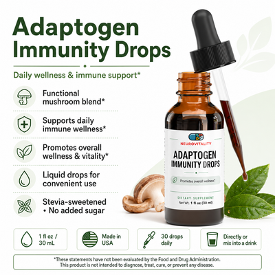 Adaptogen Immunity Drops by Neurovitality — 6-mushroom immune complex with Chaga, Reishi, Maitake, Shiitake, Turkey Tail & Cordyceps, 1 fl oz liquid drops