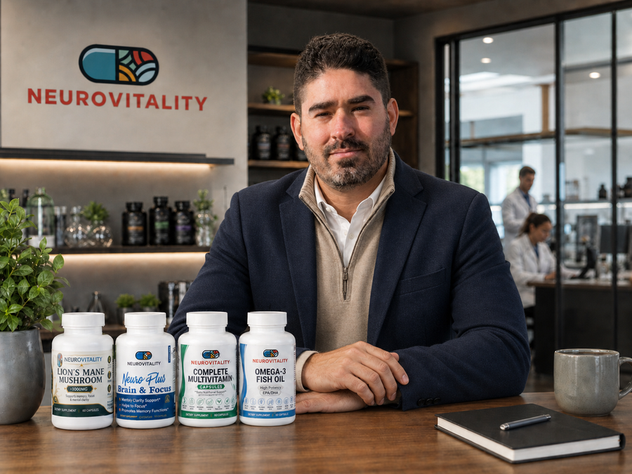 NeuroVitality founder with supplement products
