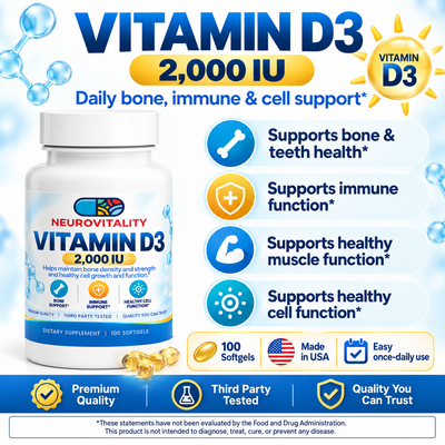 Vitamin D3 2,000 IU softgels by Nirvana Neurovitality — 50 mcg cholecalciferol for bone, immune and muscle support, 100 softgels - view 2