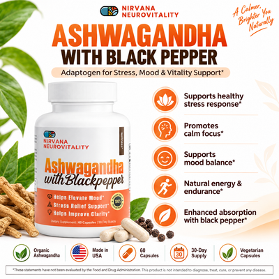 Organic Ashwagandha | KSM-66 Root Extract with Black Pepper | 60 Capsules