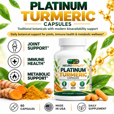 Platinum Turmeric capsules by Nirvana Neurovitality, joint support with curcuminoids, glucosamine and boswellia, 60 capsules, view 2